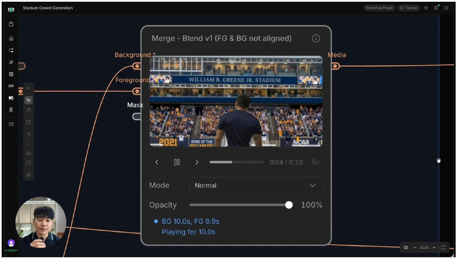 Merge node placing the isolated player over the crowd-filled stadium