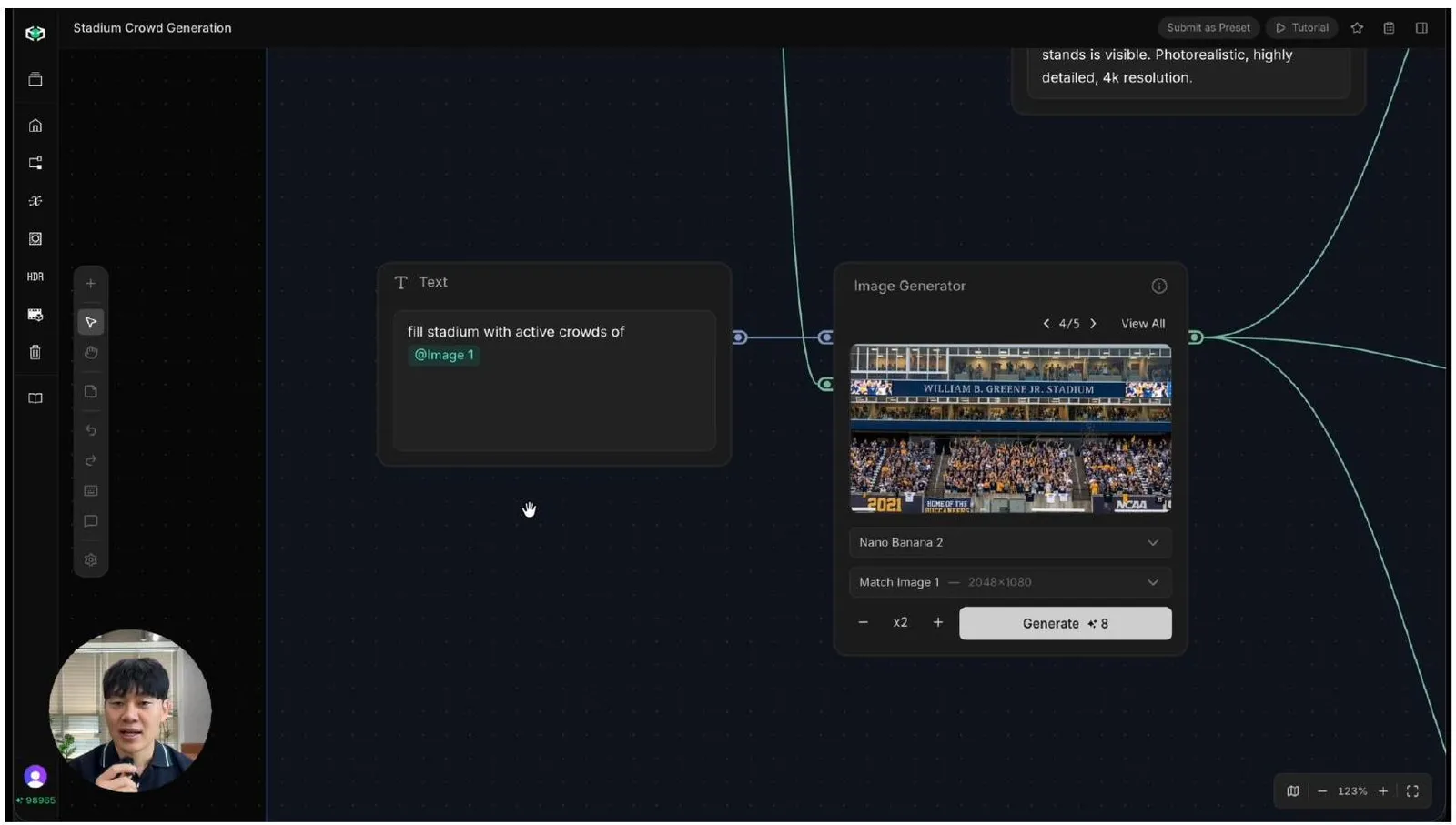 Multiple Nano Banana crowd-filled variations of the stadium frame