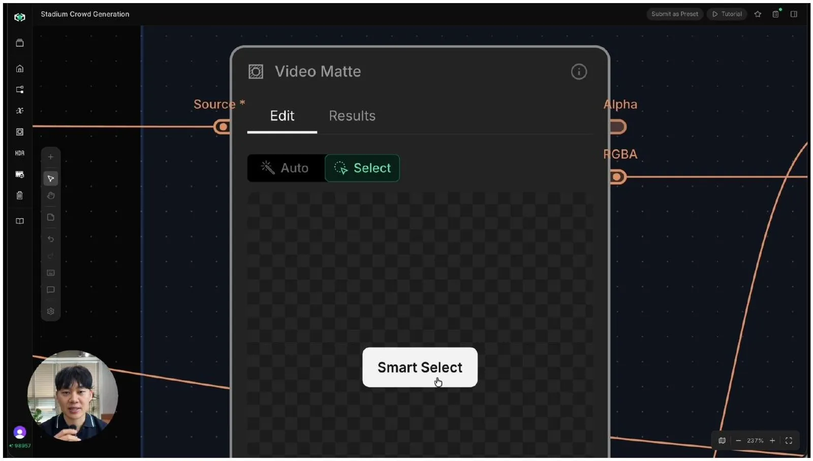 Select Mode and the Smart Select tool open in Video Matte